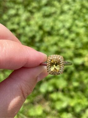 Golden apatite and yellow sapphire halo ring